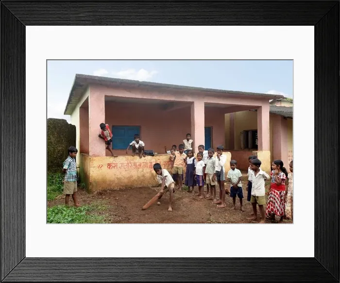 Framed Print : Katkari tribal children playing cricket in school campus, Maharashtra, India
