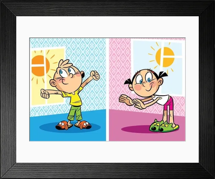 Framed Print : The illustration shows a boy and a girl who do morning exercises in the room