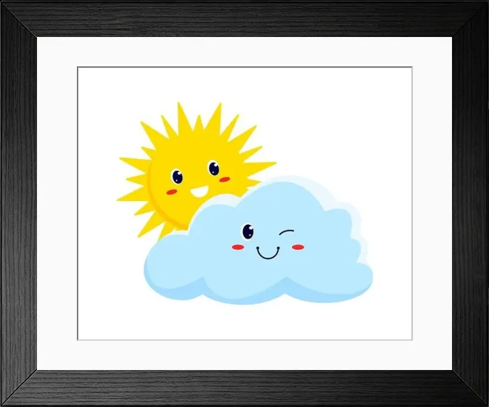 Framed Print : Cloud and smiling sun weather forecast cartoon characters kids personages Framed Print : Cloud and smiling sun weather forecast cartoon characters kids personages