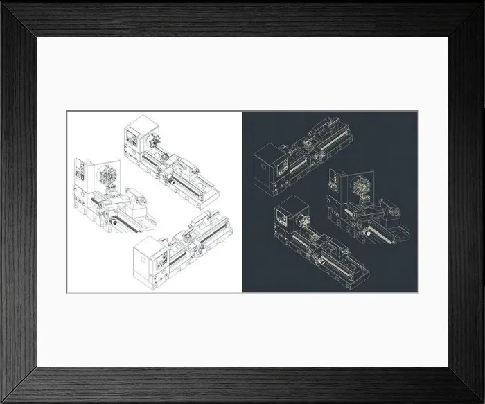 Framed Print : Stylized vector illustration of isometric blueprints of mechanical lathe Framed Print : Stylized vector illustration of isometric blueprints of mechanical lathe
