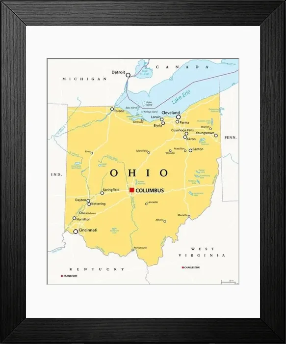 Framed Print : Ohio, OH, political map. State in East North Central region of Midwestern United States of America Framed Print : Ohio, OH, political map. State in East North Central region of Midwestern United States of America