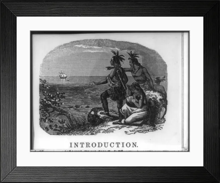 Framed Print : Indians standing on shore looking at small boat approaching from ship Framed Print : Indians standing on shore looking at small boat approaching from ship