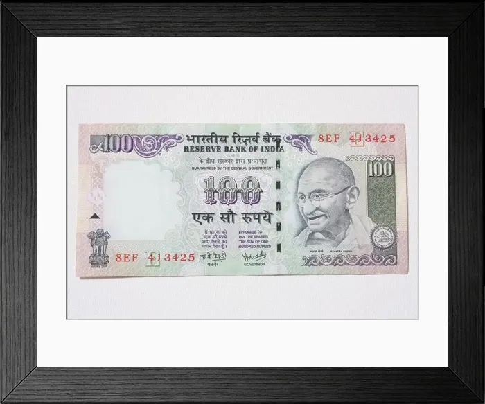 Framed Print : An Indian bank note featuring Mahatma Gandhi of 100 Rupees Framed Print : An Indian bank note featuring Mahatma Gandhi of 100 Rupees