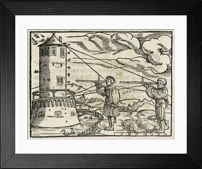 Framed Print : The other stands the match and fairs. (Surveying the height of a tower with the Jaque rod) Framed Print : The other stands the match and fairs. (Surveying the height of a tower with the Jaque rod)