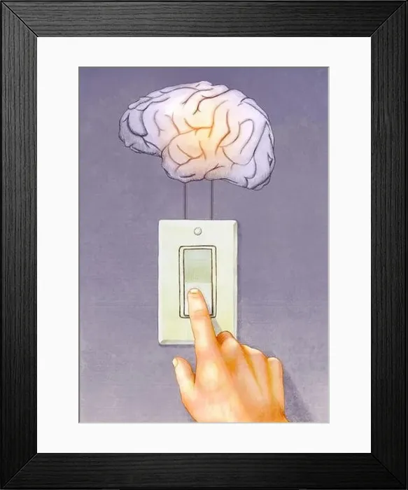 Framed Print : Light switch used to turn on a human brain. Traditional illustration on paper, my own artwork Framed Print : Light switch used to turn on a human brain. Traditional illustration on paper, my own artwork