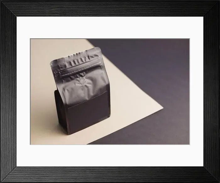 Framed Print : Black blank plastic vacuum sealed pouch coffee bag mockup. Packaging template mockup Framed Print : Black blank plastic vacuum sealed pouch coffee bag mockup. Packaging template mockup