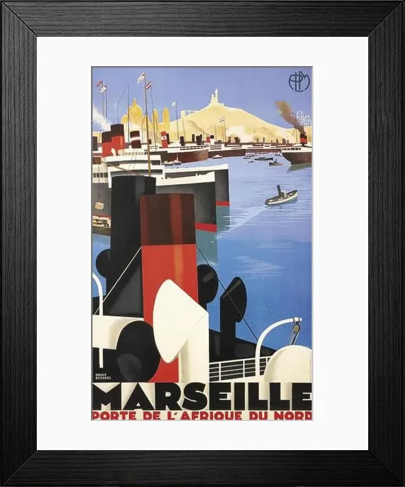 Framed Print : Vintage French Travel Poster by Roger Broders. Marseille- Porte de L'Afrique du Nord, showing ships in the city port Framed Print : Vintage French Travel Poster by Roger Broders. Marseille- Porte de L'Afrique du Nord, showing ships in the city port