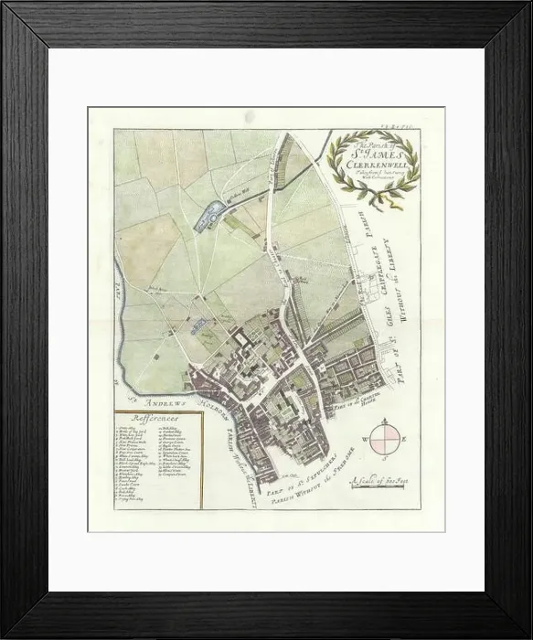 Framed Print : The parish of St James, Clerkenwell. St John Street. Green. STOW / STRYPE 1720 map Framed Print : The parish of St James, Clerkenwell. St John Street. Green. STOW / STRYPE 1720 map