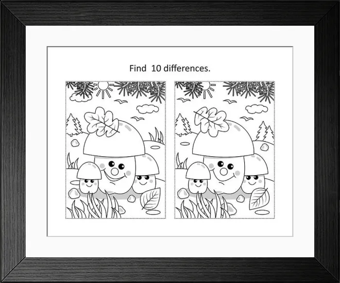 Framed Print : Find 10 differences visual puzzle and coloring page with three mushrooms in autumn Framed Print : Find 10 differences visual puzzle and coloring page with three mushrooms in autumn