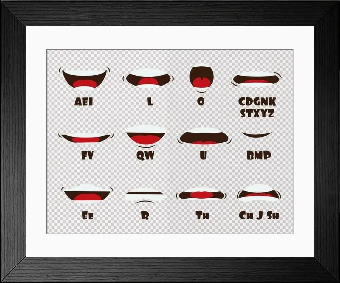 Framed Print : Cartoon talking mouth and lips expressions vector animations poses isolated on transparent background