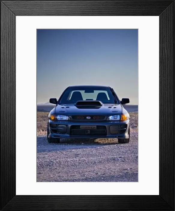 Framed Print : A Classic Subaru Impreza turbo custom car with blue sky and desert landscape Framed Print : A Classic Subaru Impreza turbo custom car with blue sky and desert landscape