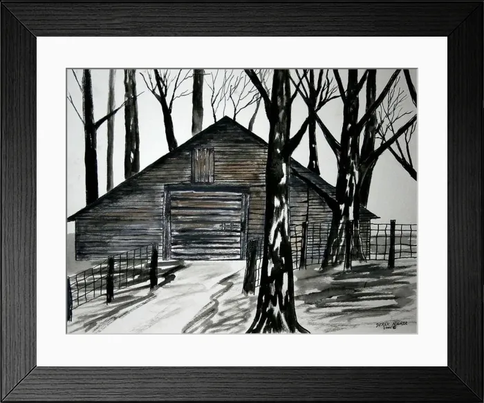 Framed Print : Country barn black and white art pen and ink drawing watercolor painting Framed Print : Country barn black and white art pen and ink drawing watercolor painting