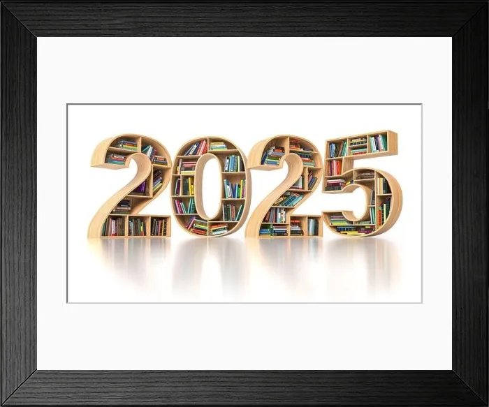 Framed Print : Happy 2025 new year education concept. Bookshelves with books in the form of text 2025. 3d illustration Framed Print : Happy 2025 new year education concept. Bookshelves with books in the form of text 2025. 3d illustration
