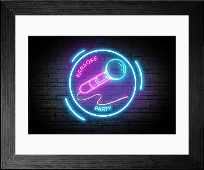 Framed Print : Glowing neon sign with microphone and words Karaoke Party on brick wall Framed Print : Glowing neon sign with microphone and words Karaoke Party on brick wall