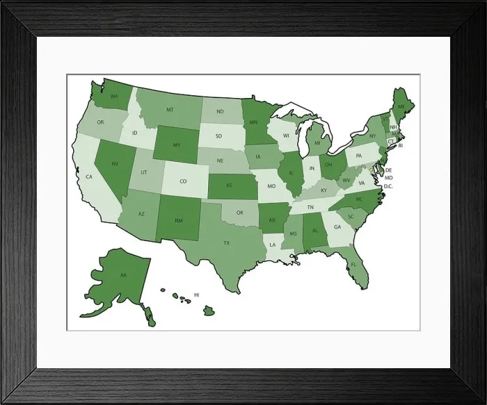 Framed Print : Green US Political Map with states boundaries Framed Print : Green US Political Map with states boundaries