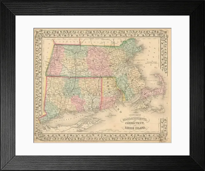 Framed Print : County map of Massachusetts, Connecticut, and Rhode Island. MITCHELL 1869 Framed Print : County map of Massachusetts, Connecticut, and Rhode Island. MITCHELL 1869
