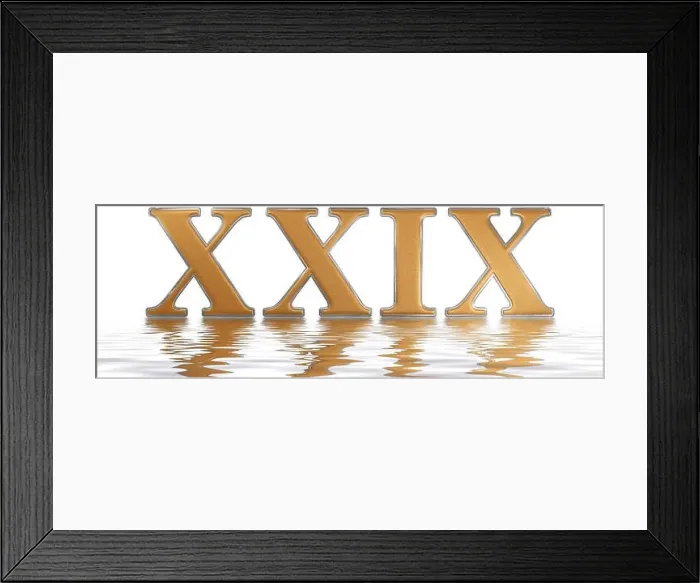 Framed Print : Roman numeral XXIX, novem et viginti, 29, twenty nine, reflected on the water surface, isolated on white, 3d render Framed Print : Roman numeral XXIX, novem et viginti, 29, twenty nine, reflected on the water surface, isolated on white, 3d render