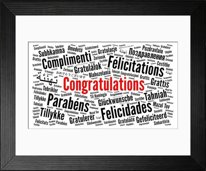 Framed Print : Congratulations in different languages word cloud