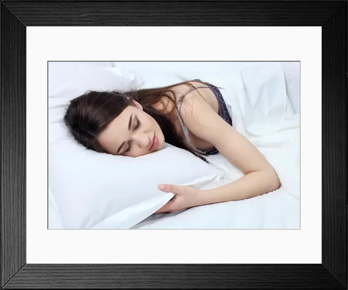 Framed Print : Rest relax recovery sleep dream concept. Young exhausted lady sleeping dreaming in bed
