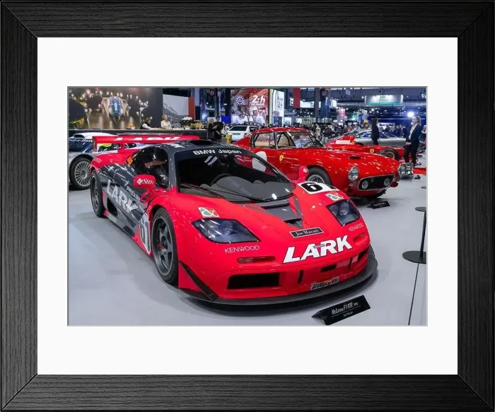 Framed Print : Paris, France - Rétromobile 2024. Focus on a red and grey 1997 McLaren F1 GTR Longtail. Chassis no. 27R