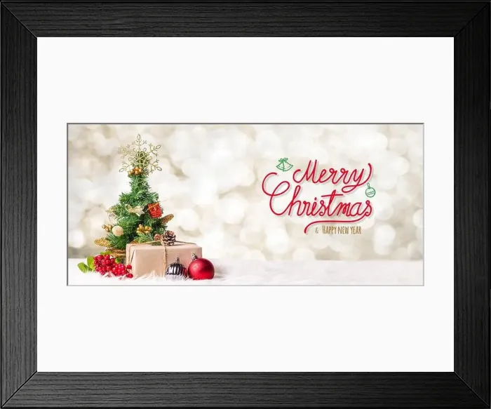 Framed Print : Red Merry Christmas and happy new year handwriting with xmas tree and gift box at blur bokeh light background Framed Print : Red Merry Christmas and happy new year handwriting with xmas tree and gift box at blur bokeh light background