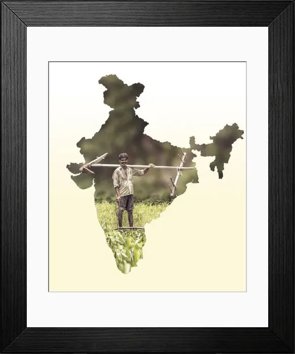 Framed Print : Map of India shows Indian farmer portrait holding plow on white gradient background
