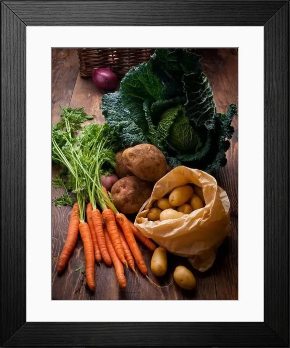 Framed Print : Different types of vegetables (carrots, potatoes, savoy cabbage, onions) Framed Print : Different types of vegetables (carrots, potatoes, savoy cabbage, onions)