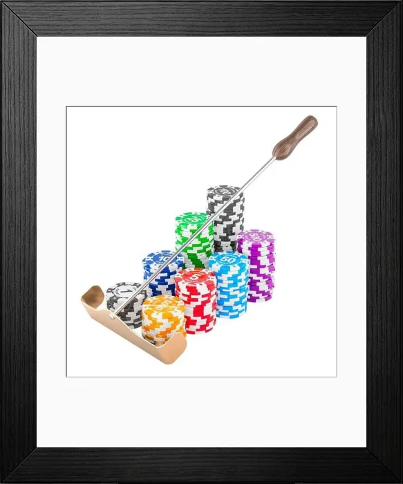 Framed Print : Casino gambling chips with poker chip rake. 3D rendering isolated on white background Framed Print : Casino gambling chips with poker chip rake. 3D rendering isolated on white background