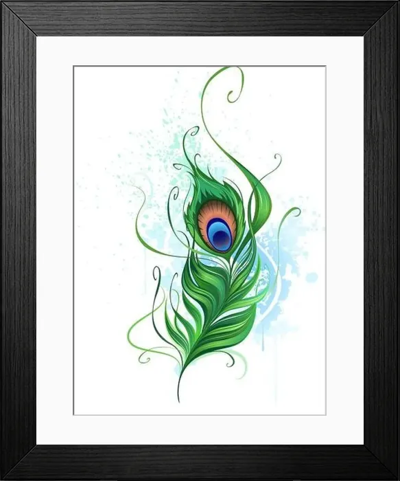Framed Print : Arts painted a colorful peacock feather on a white background stained watercolor paint Framed Print : Arts painted a colorful peacock feather on a white background stained watercolor paint