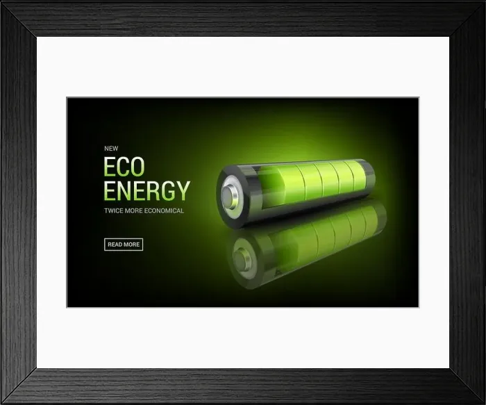 Framed Print : Banner with Realistic 3d green battery, environmental alternative energy. charging status indicator Framed Print : Banner with Realistic 3d green battery, environmental alternative energy. charging status indicator