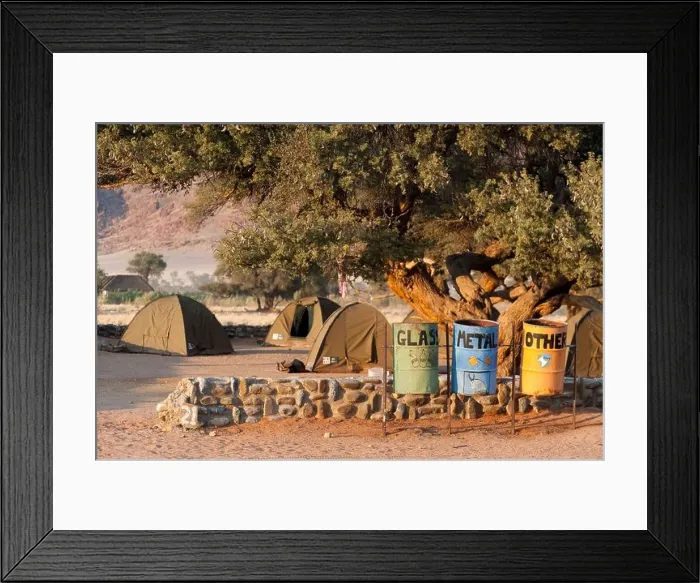 Framed Print : Recycling bins for glass, metal and other materials and tents at Sesriem campsite, Khomas region, Namibia Framed Print : Recycling bins for glass, metal and other materials and tents at Sesriem campsite, Khomas region, Namibia