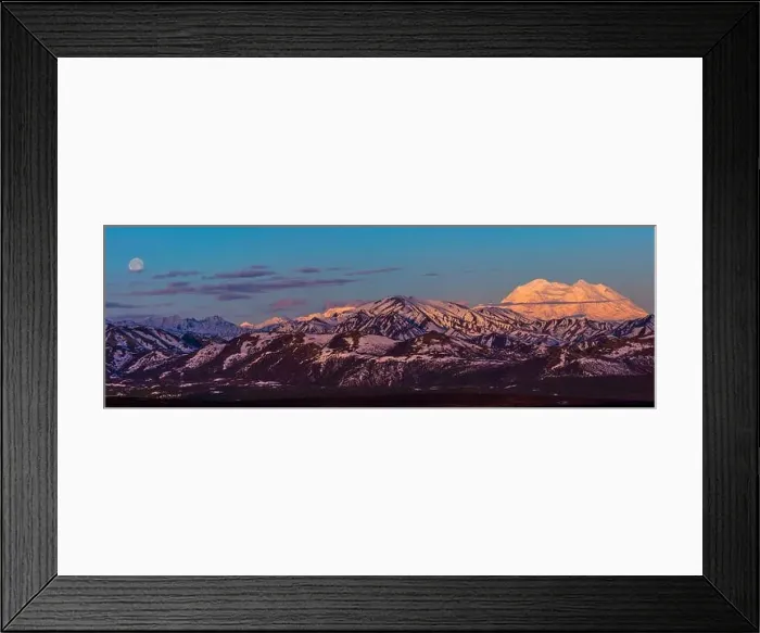 Framed Print : Panoramic view of Denali at sunrise in early summer with a nearly full moon; Alaska, United States of America Framed Print : Panoramic view of Denali at sunrise in early summer with a nearly full moon; Alaska, United States of America