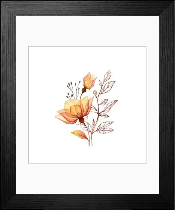 Framed Print : Watercolor Rose bouquet. Transparent orange flowers with branch and leaves isolated on white Framed Print : Watercolor Rose bouquet. Transparent orange flowers with branch and leaves isolated on white