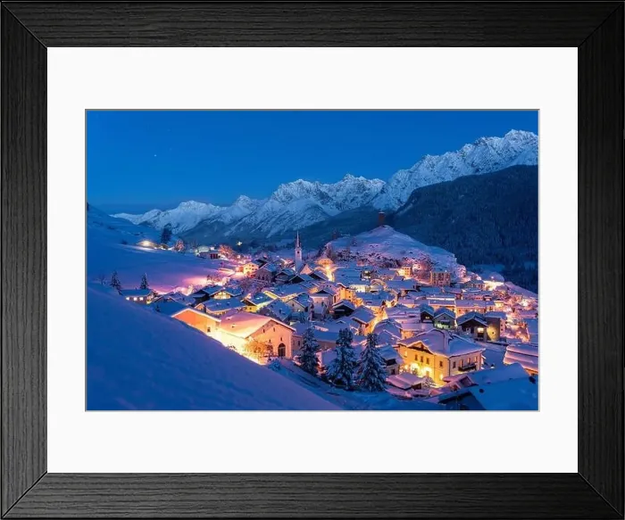 Framed Print : Traditional alpine village of Ardez covered with snow at dusk, canton of Graubunden, Engadine, Switzerland Framed Print : Traditional alpine village of Ardez covered with snow at dusk, canton of Graubunden, Engadine, Switzerland