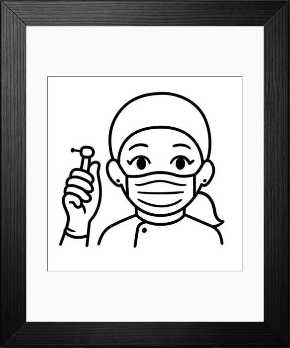 Framed Print : Cute cartoon female dentist in face mask holding a drill Framed Print : Cute cartoon female dentist in face mask holding a drill