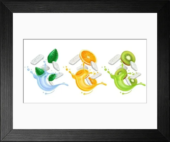 Framed Print : Realistic chewing gum. 3D splashes juice or water with bubblegum pads and fresh fruits Framed Print : Realistic chewing gum. 3D splashes juice or water with bubblegum pads and fresh fruits
