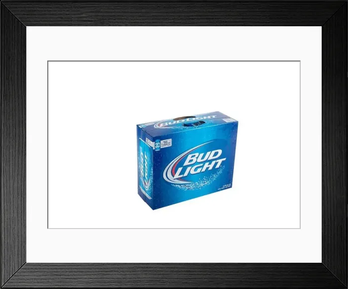 Framed Print : A pack of 20 355ml cans of Bud Light beer is pictured over a pure white background Framed Print : A pack of 20 355ml cans of Bud Light beer is pictured over a pure white background
