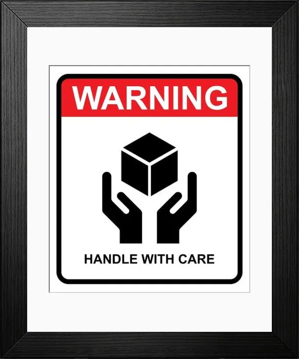 Framed Print : Handle with care flat icon with warning label isolated on white background Framed Print : Handle with care flat icon with warning label isolated on white background