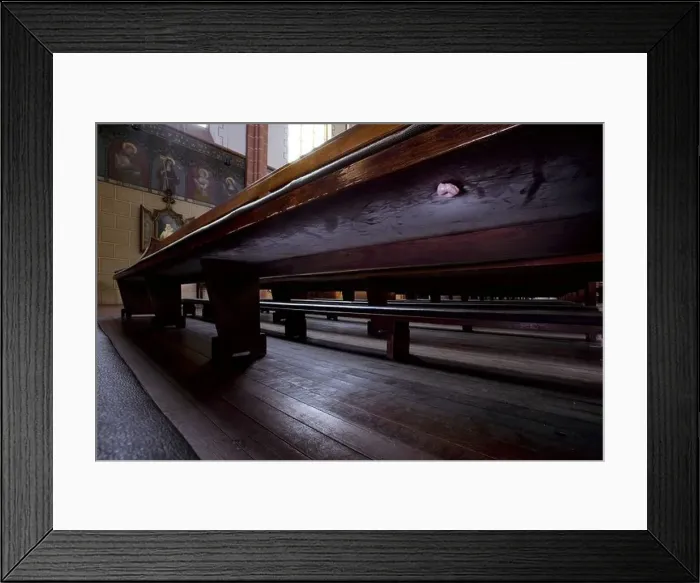 Framed Print : No property release stick church indoors pew chewing gum deserted Catholic Lord's house bank wood-bank bench decency