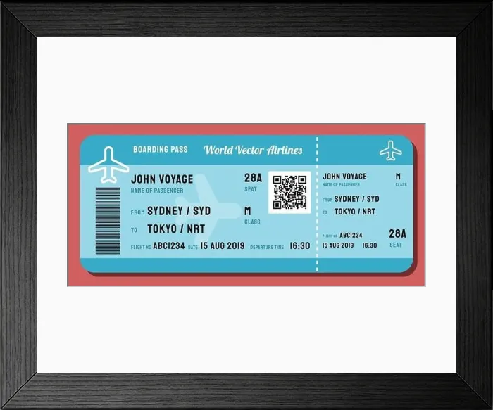 Framed Print : Fictitious boarding pass vector. Modern airline ticket with QR code Framed Print : Fictitious boarding pass vector. Modern airline ticket with QR code