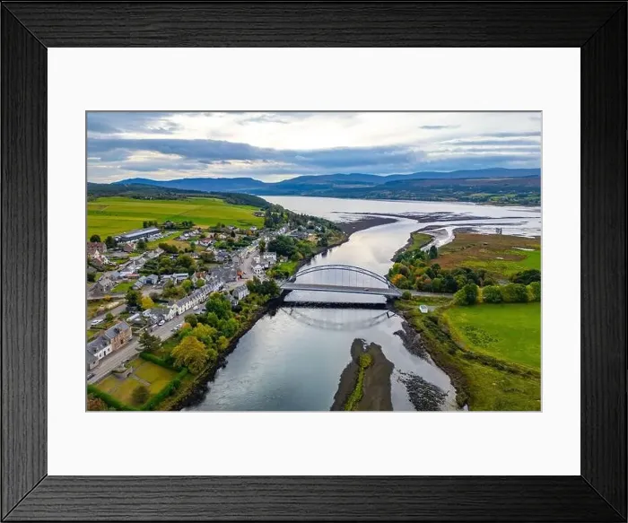 Framed Print : Aerial view from drone of Bonar Bridge village on Kyle of Sutherland, Scottish Highlands, Scotland, UK Framed Print : Aerial view from drone of Bonar Bridge village on Kyle of Sutherland, Scottish Highlands, Scotland, UK