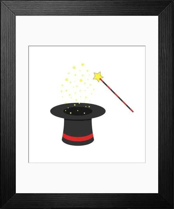 Framed Print : Black magic hat and magic wand with flying stars. Vector illustration. Magic show concept in flat design Framed Print : Black magic hat and magic wand with flying stars. Vector illustration. Magic show concept in flat design