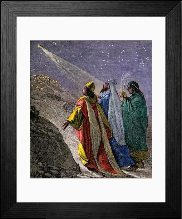 Framed Print : Three kings following the star to worship the baby Jesus. Hand-colored woodcut Framed Print : Three kings following the star to worship the baby Jesus. Hand-colored woodcut