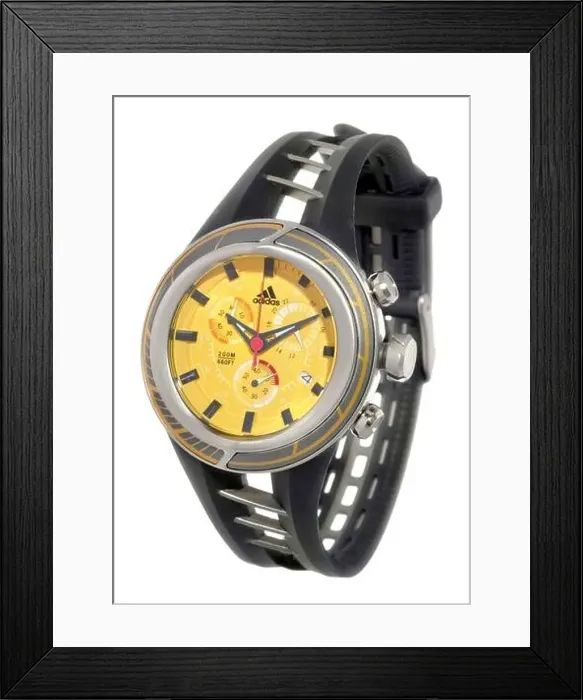 Framed Print : Black and yellow adidas activewear wristwatch photographed on a white background Framed Print : Black and yellow adidas activewear wristwatch photographed on a white background