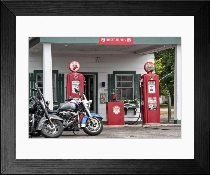 Framed Print : Harley Davidson motorcycles parked in front of historic gas station Framed Print : Harley Davidson motorcycles parked in front of historic gas station