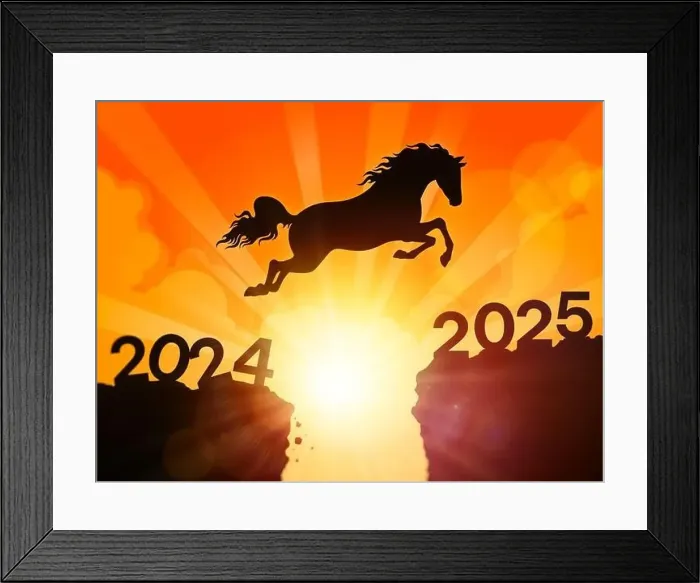 Framed Print : Happy New Year 2025 Horse. A horse is jumping from 2024 to 2025 Framed Print : Happy New Year 2025 Horse. A horse is jumping from 2024 to 2025