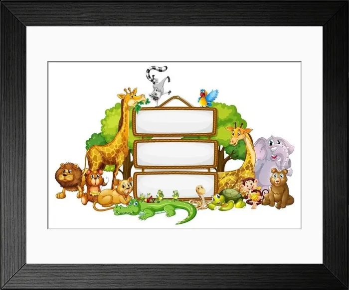 Framed Print : Border template design with cute animals illustration Framed Print : Border template design with cute animals illustration