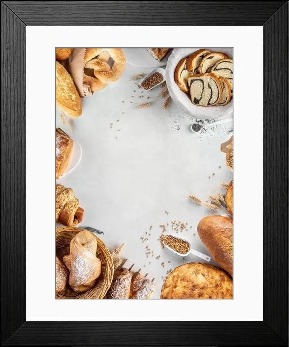 Framed Print : Homemade freshly bakery products on a fray background from the top view with bread rolls croissant pretzel with Framed Print : Homemade freshly bakery products on a fray background from the top view with bread rolls croissant pretzel with