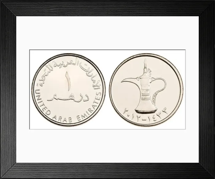 Framed Print : United Arab Emirates coin - 1 Dirham, showing tea pot. dates - 2012 / 1433 Framed Print : United Arab Emirates coin - 1 Dirham, showing tea pot. dates - 2012 / 1433