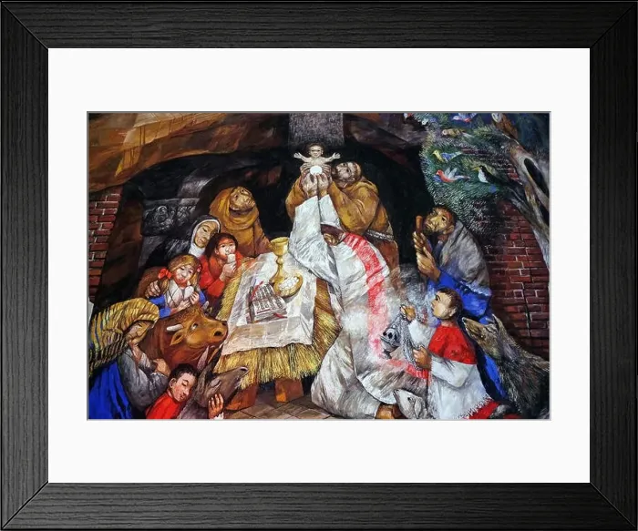 Framed Print : St. Francis celebrates Christmas in Greccio fresco by Sieger Koder in the Chapel of St. Francis in Ellwangen, Germany Framed Print : St. Francis celebrates Christmas in Greccio fresco by Sieger Koder in the Chapel of St. Francis in Ellwangen, Germany
